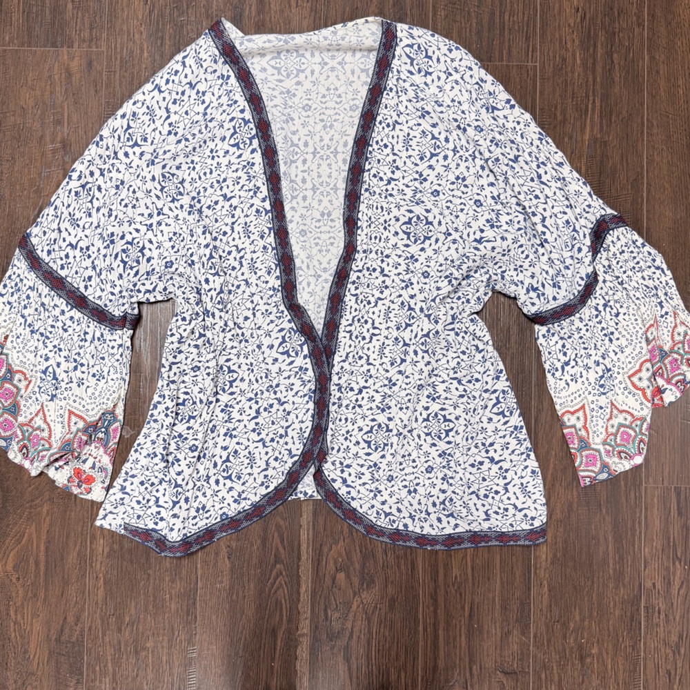 NEW DIRECTIONS FLORAL OVERSIZED KIMONO OPEN CARDIGAN DUSTER BLUE WHITE
